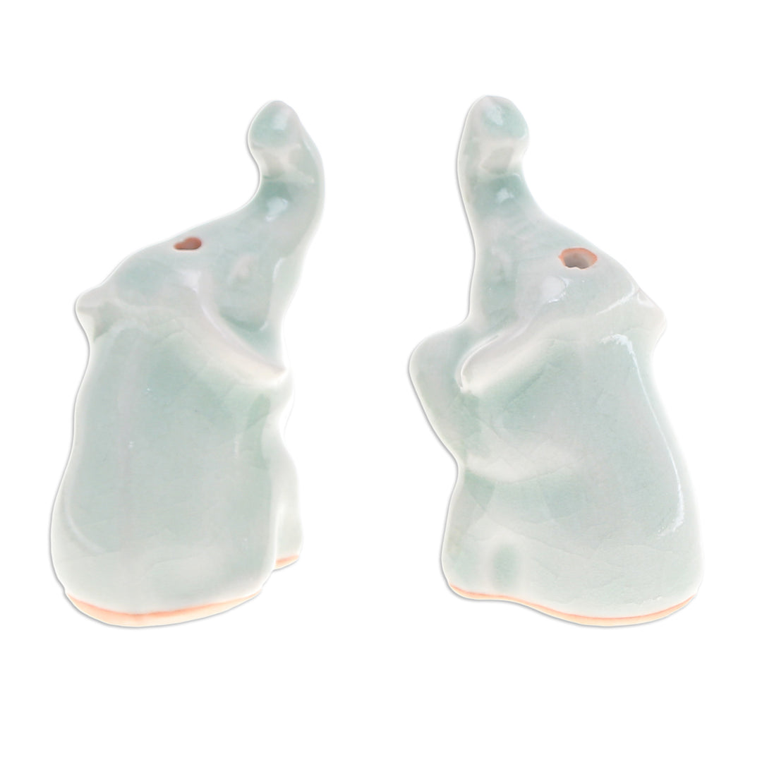 Pair of Elephant-Shaped Celadon Ceramic Incense Holders - Elephant Enchantment