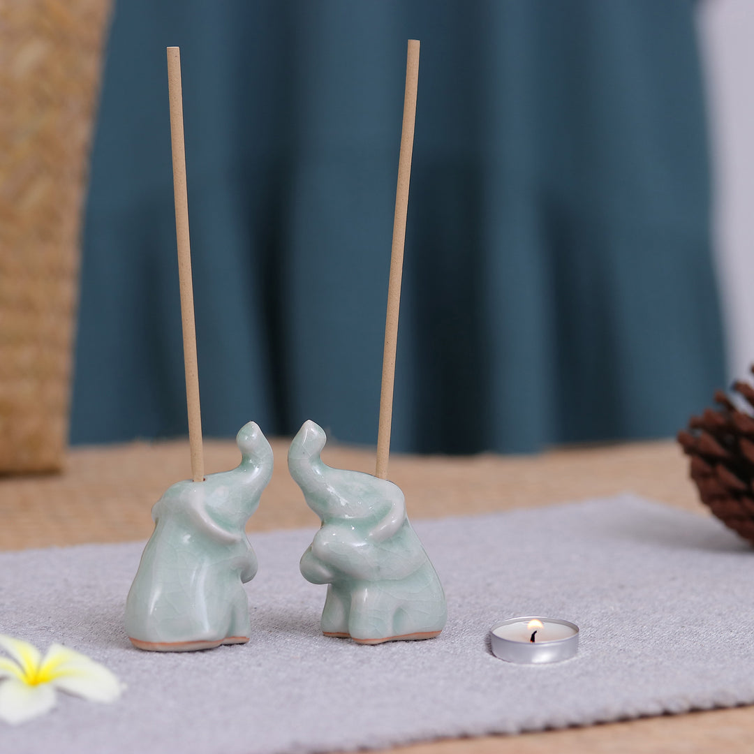 Pair of Elephant-Shaped Celadon Ceramic Incense Holders - Elephant Enchantment
