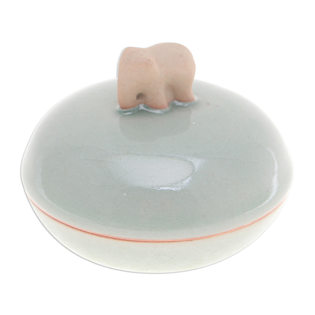 Thai Celadon Ceramic Elephant-Themed Jar with Lid in Green - Elephant Allure