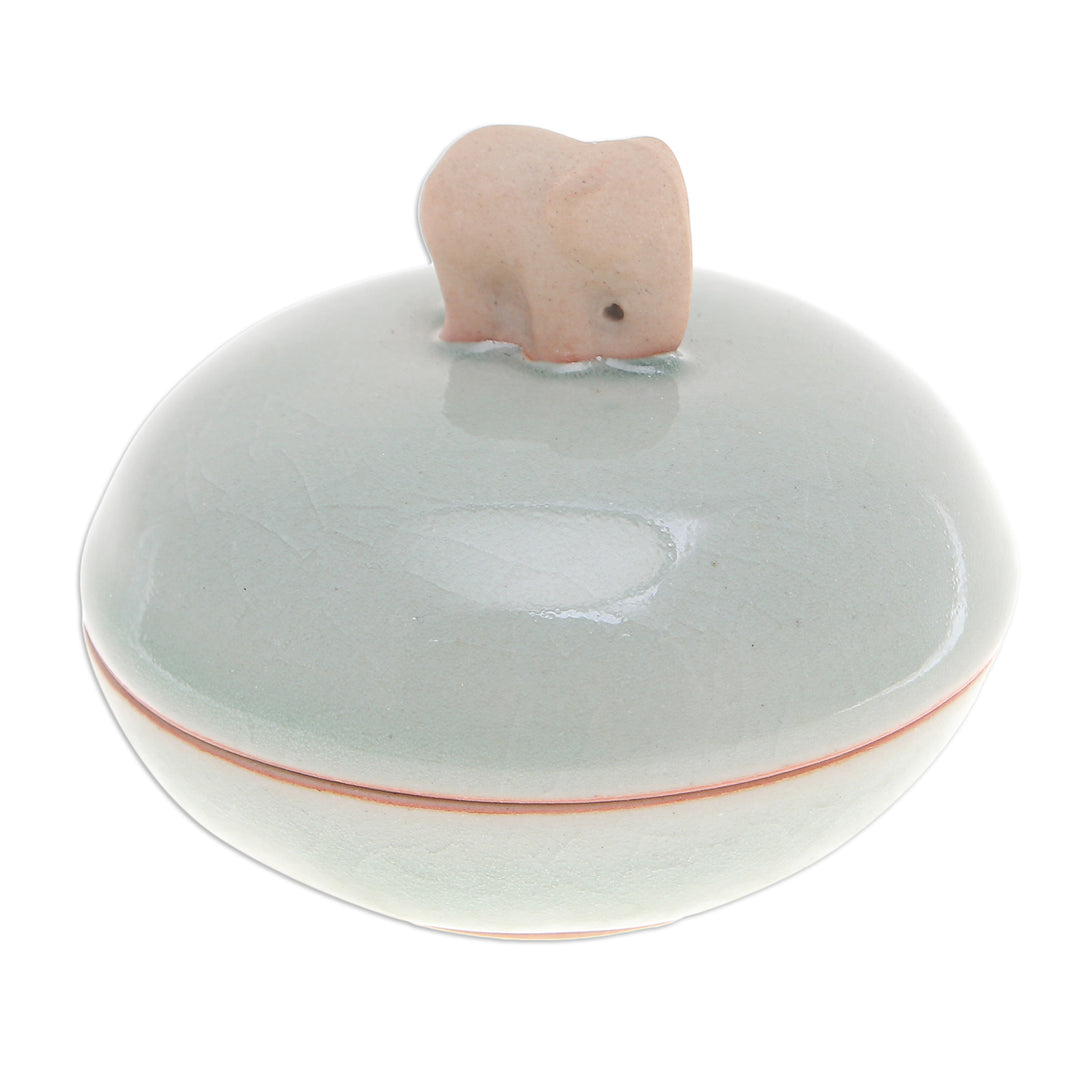 Thai Celadon Ceramic Elephant-Themed Jar with Lid in Green - Elephant Allure