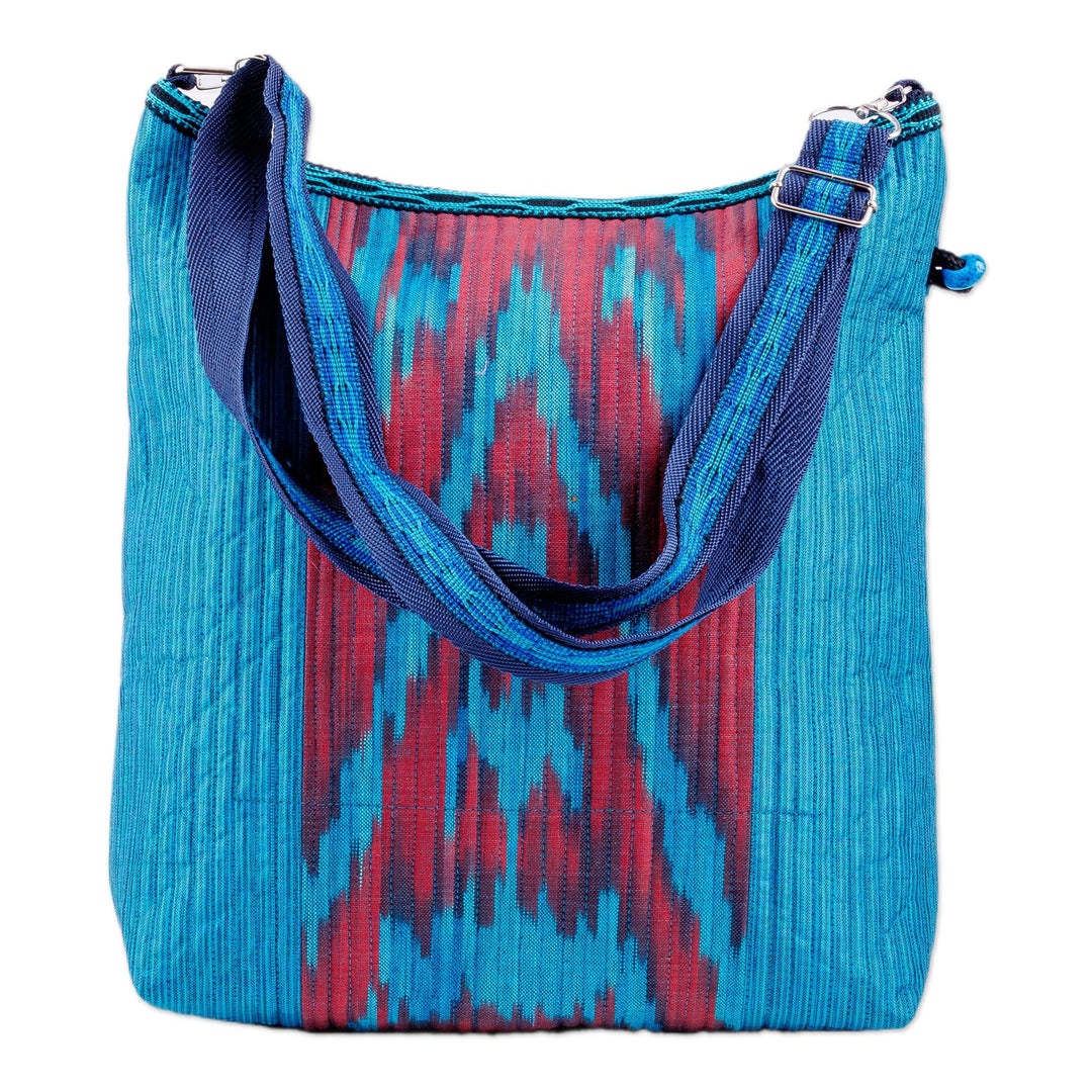 Blue and Red Ikat Patterned Cotton Shoulder Bag with Zipper - Blue Vessel