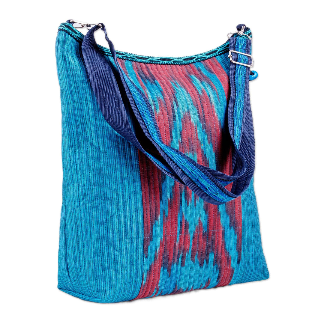 Blue and Red Ikat Patterned Cotton Shoulder Bag with Zipper - Blue Vessel