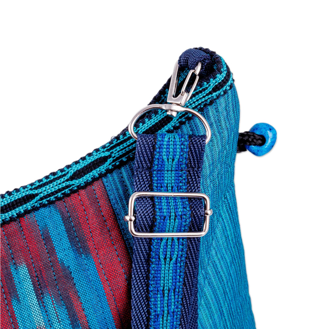 Blue and Red Ikat Patterned Cotton Shoulder Bag with Zipper - Blue Vessel