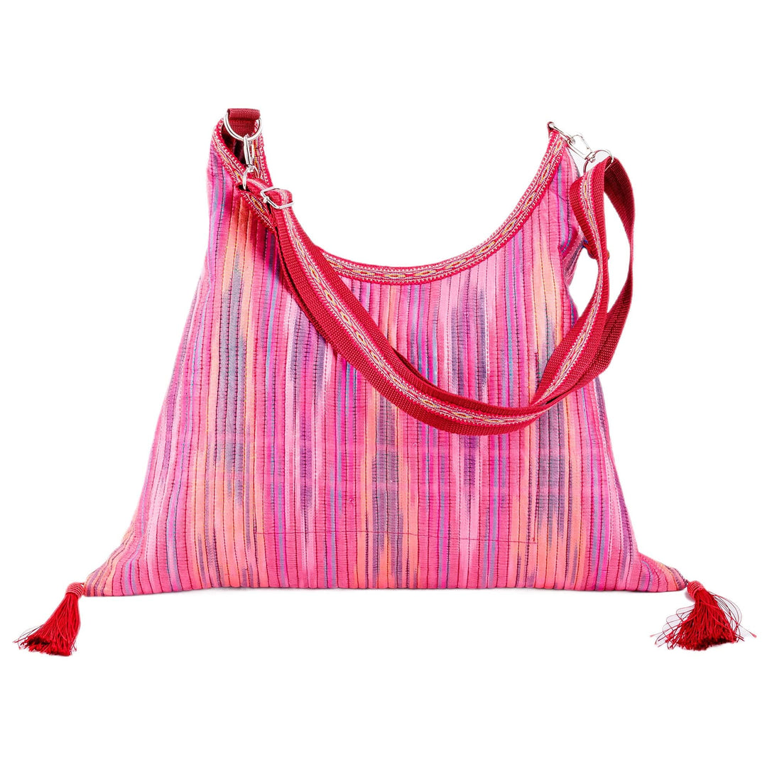 Warm-Toned Ikat Patterned Cotton Hobo Bag with Tassels - Fire Days