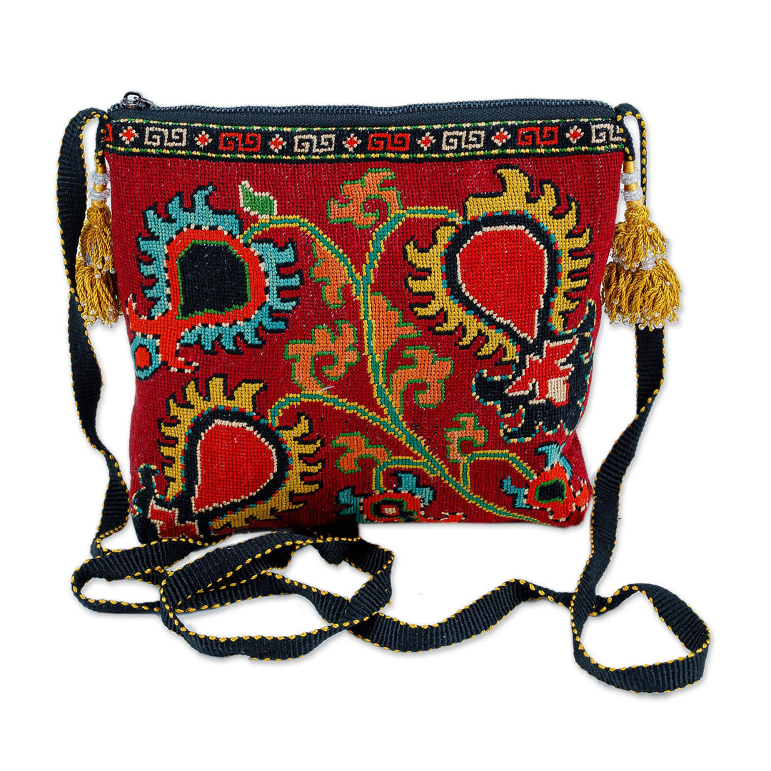 Handmade Silk Embroidered Sling Handbag - Scarlet Symbols