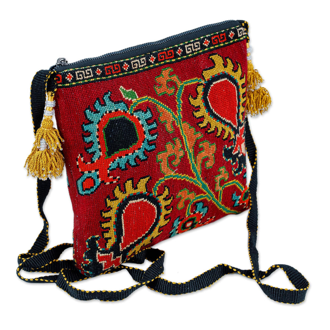 Handmade Silk Embroidered Sling Handbag - Scarlet Symbols