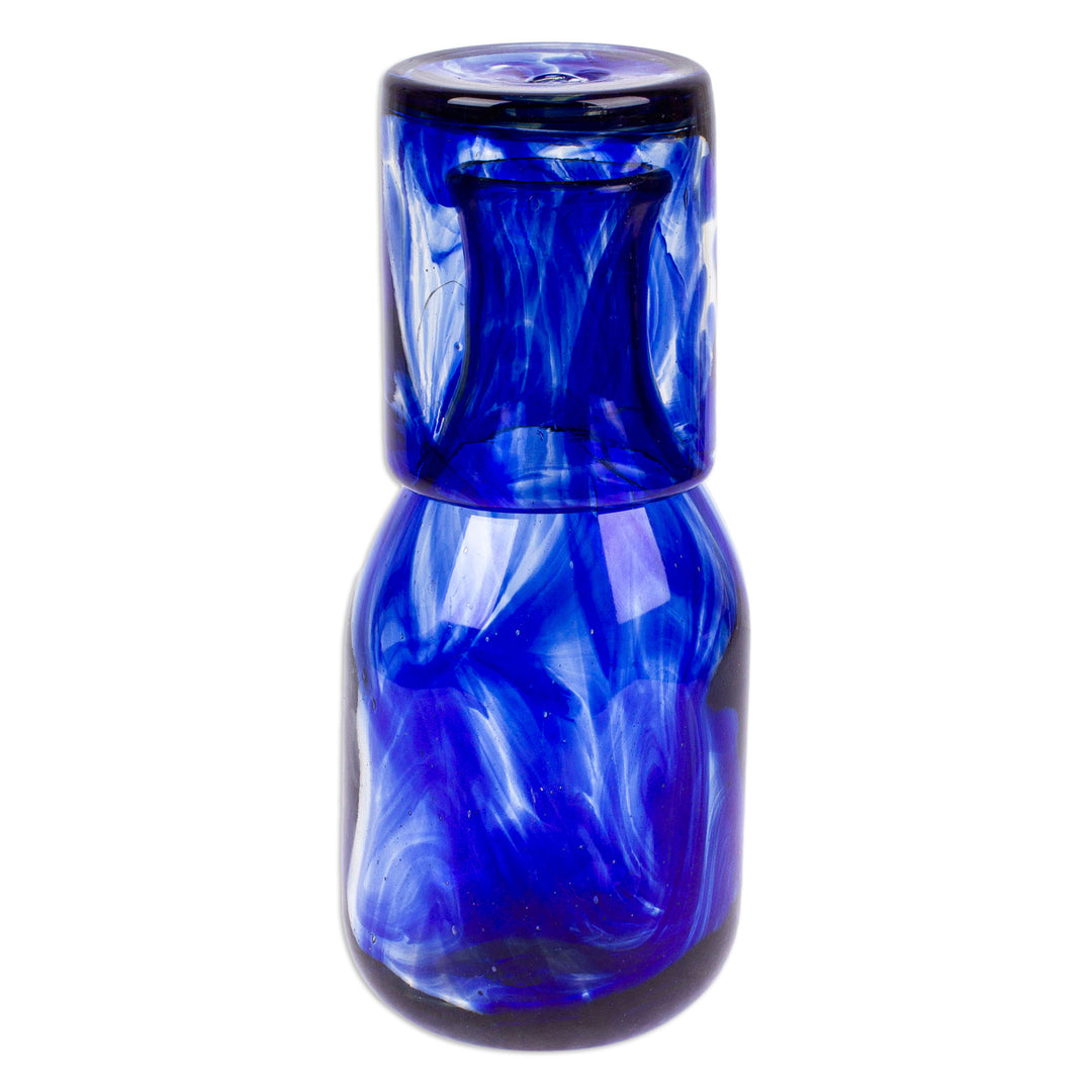 Cobalt Handblown Recycled Glass Carafe and Cup Set (Pair) - Cobalt Allure