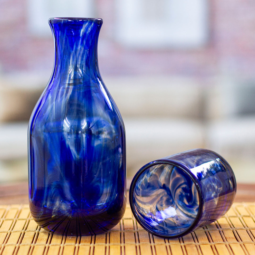 Cobalt Handblown Recycled Glass Carafe and Cup Set (Pair) - Cobalt Allure