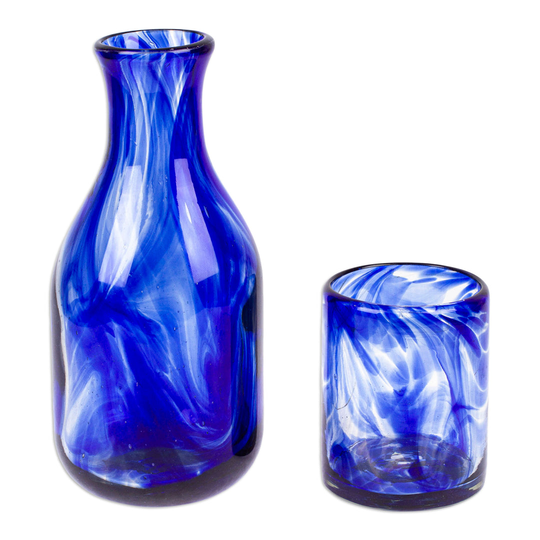 Cobalt Handblown Recycled Glass Carafe and Cup Set (Pair) - Cobalt Allure