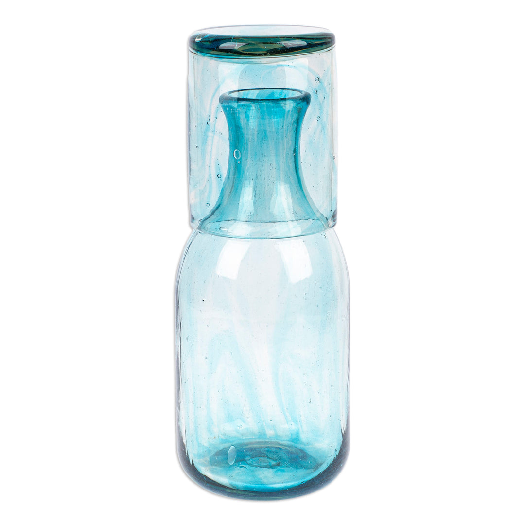 Aqua Handblown Recycled Glass Carafe and Cup Set (set) - Delicate Aqua