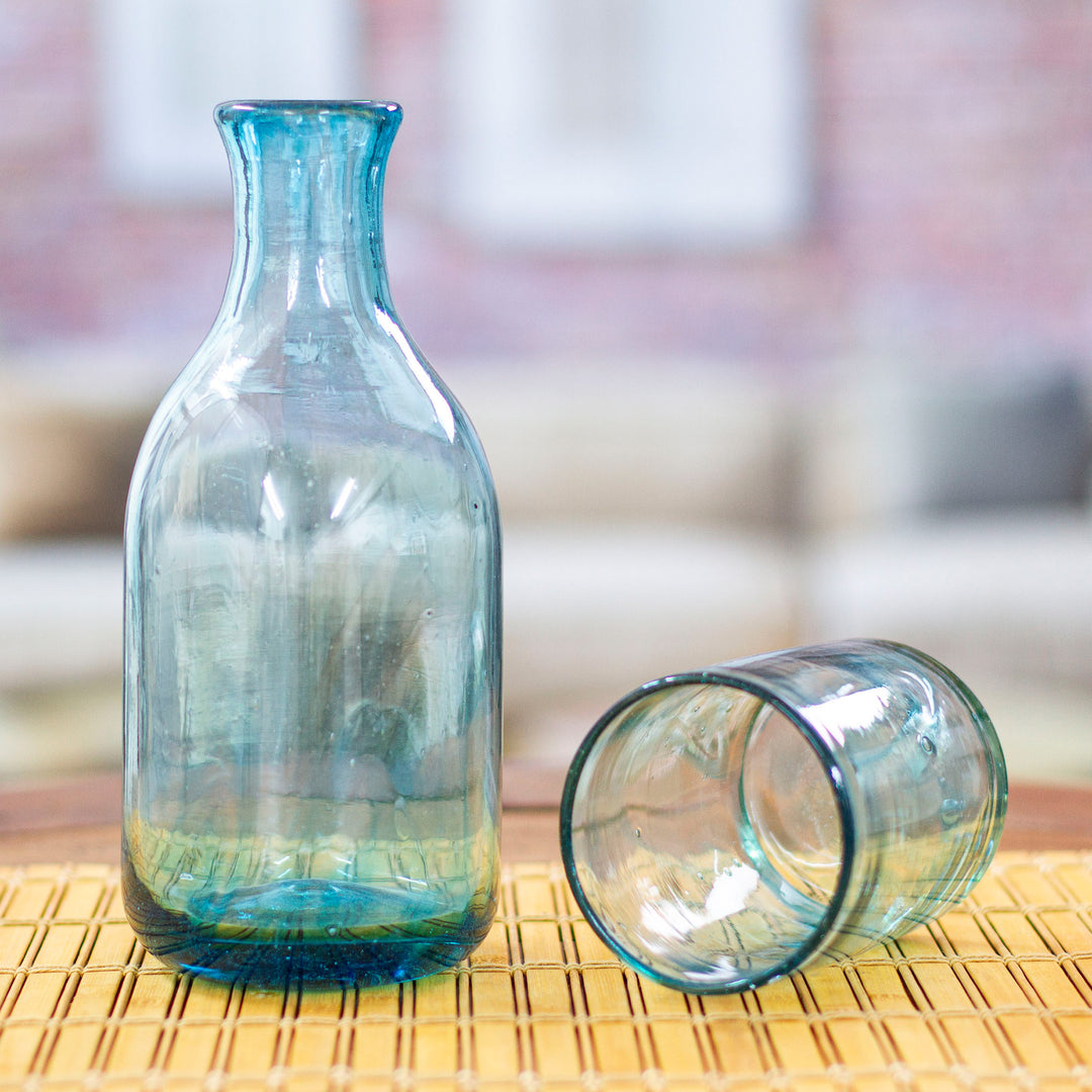 Aqua Handblown Recycled Glass Carafe and Cup Set (set) - Delicate Aqua