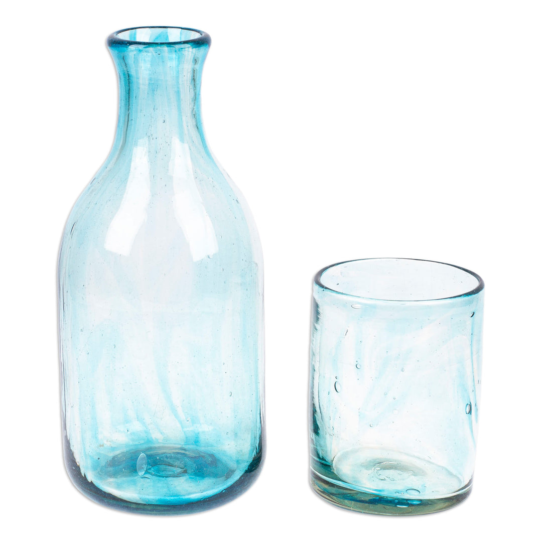 Aqua Handblown Recycled Glass Carafe and Cup Set (set) - Delicate Aqua