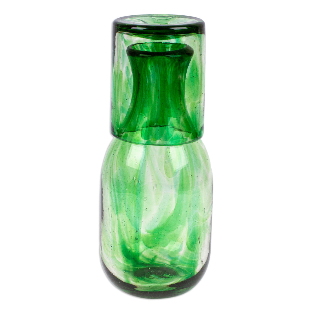 Green Handblown Recycled Glass Carafe and Cup Set (set) - Emerald Allure