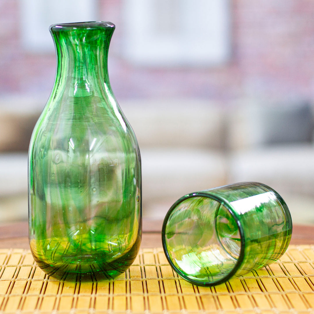 Green Handblown Recycled Glass Carafe and Cup Set (set) - Emerald Allure