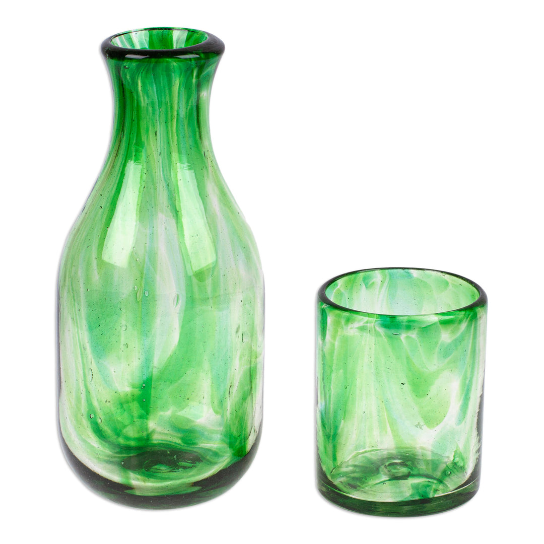 Green Handblown Recycled Glass Carafe and Cup Set (set) - Emerald Allure