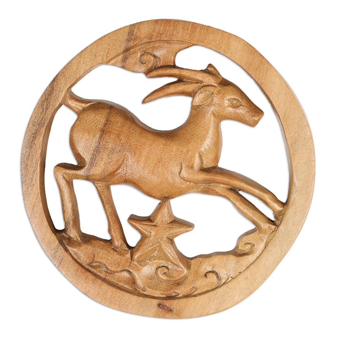 Capricorn-Themed Hand-Carved Round Suar Wood Relief Panel - Capricorn Firmament