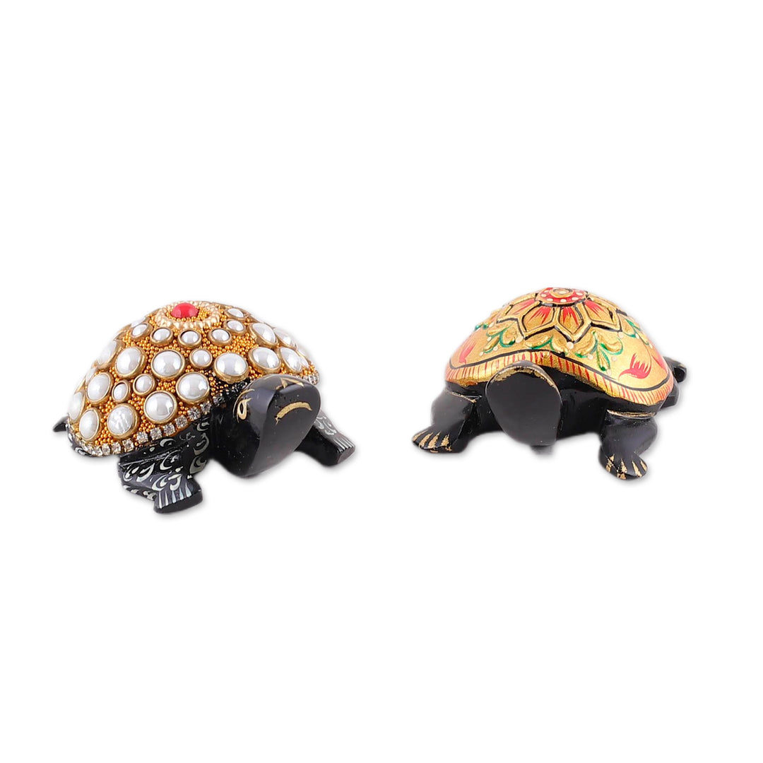 2 Wood Turtle Magnets with Beaded and Hand-Painted Accents - Festive Turtles