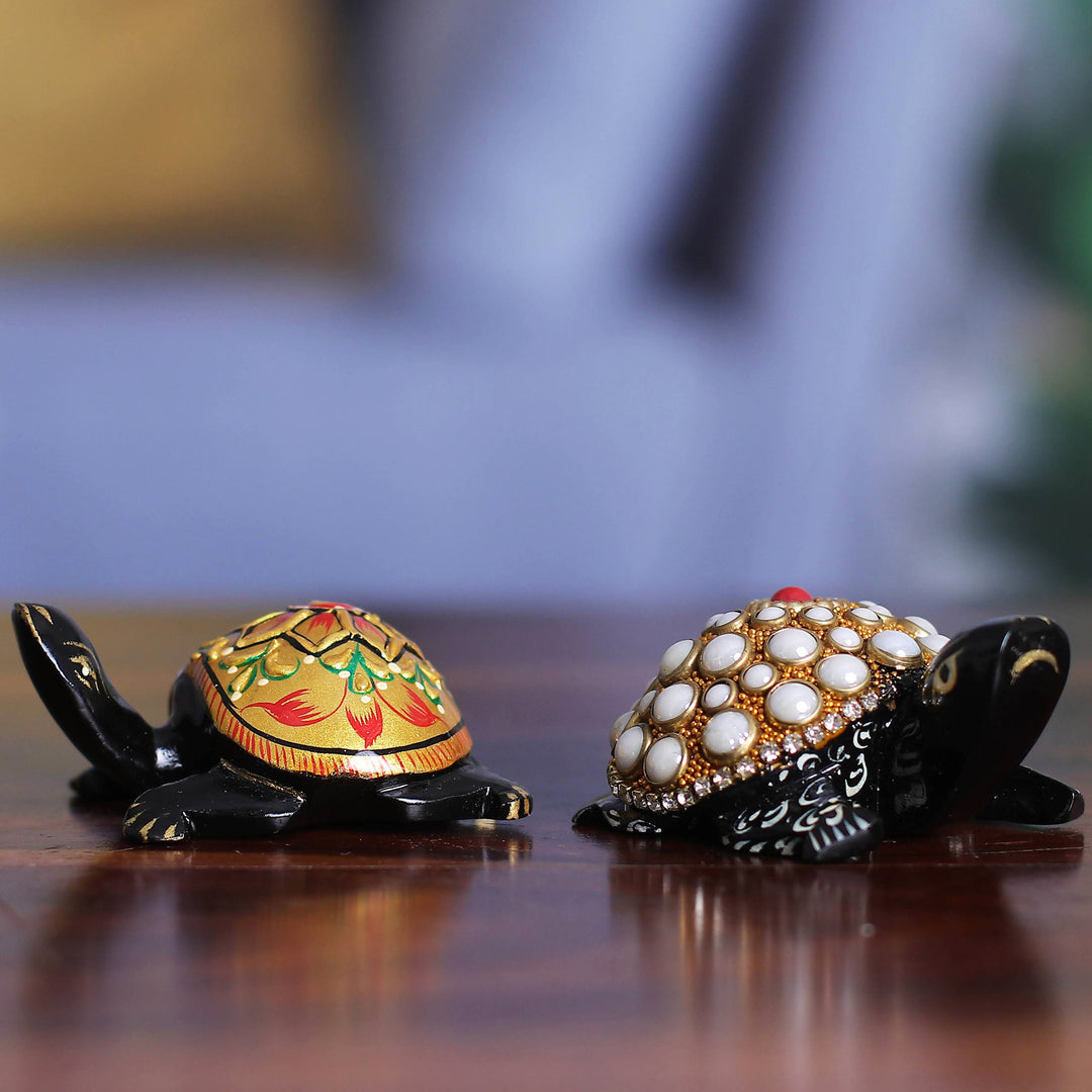 2 Wood Turtle Magnets with Beaded and Hand-Painted Accents - Festive Turtles