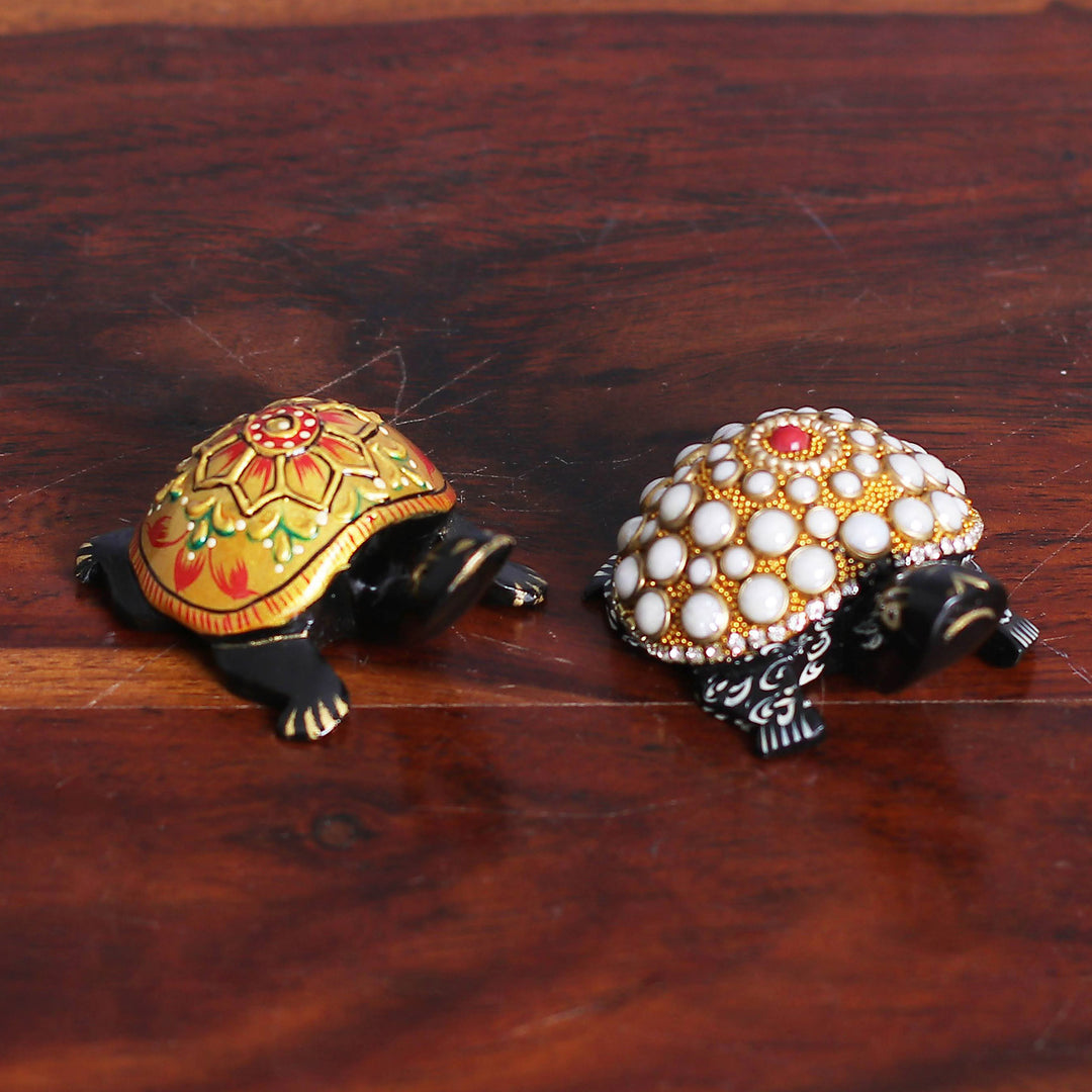 2 Wood Turtle Magnets with Beaded and Hand-Painted Accents - Festive Turtles