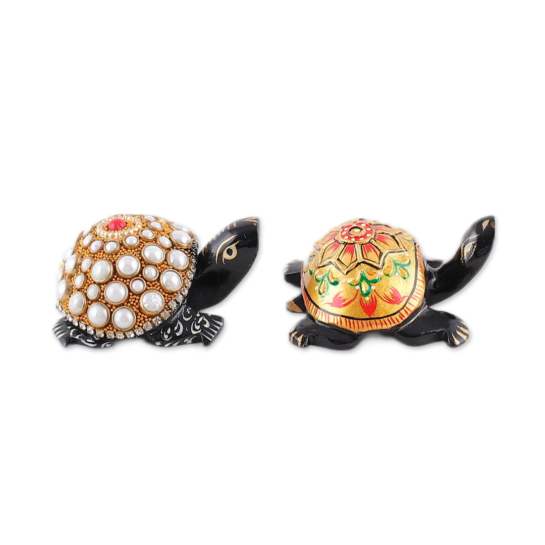 2 Wood Turtle Magnets with Beaded and Hand-Painted Accents - Festive Turtles
