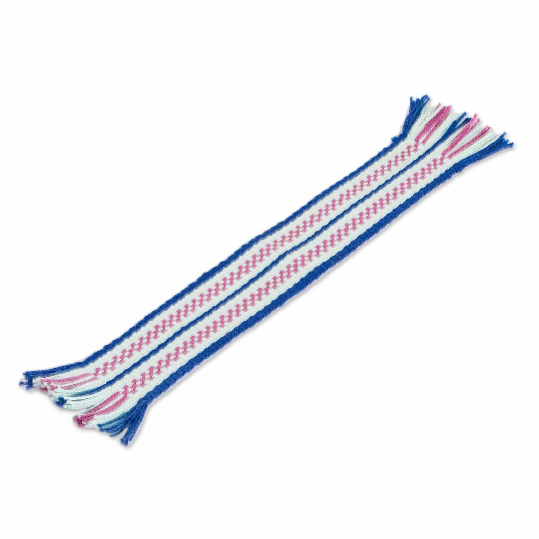 Handwoven Blue and Pink Fringed Cotton Bookmark - Sweet Letters