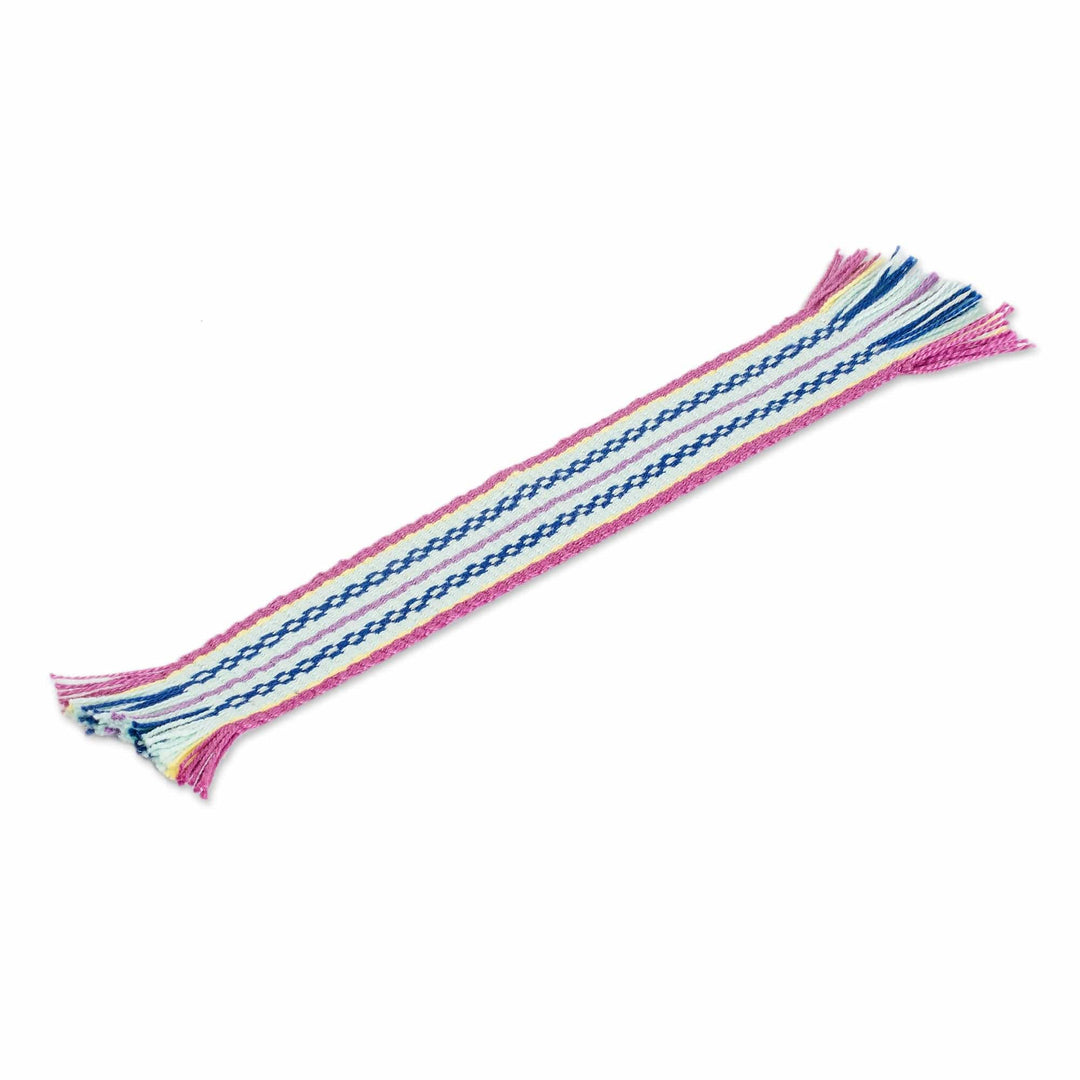 Handwoven Pink and Mint Fringed Cotton Bookmark - Capricious Letters