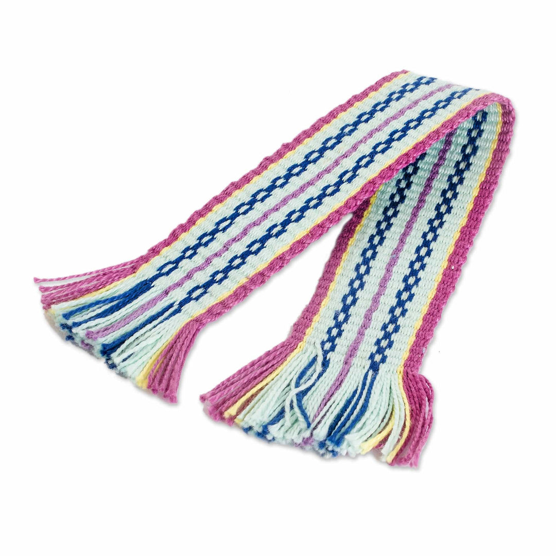Handwoven Pink and Mint Fringed Cotton Bookmark - Capricious Letters