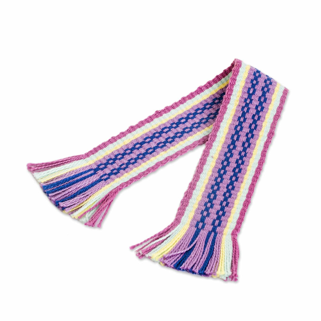 Handwoven Pink and Purple Fringed Cotton Bookmark - Charming Letters