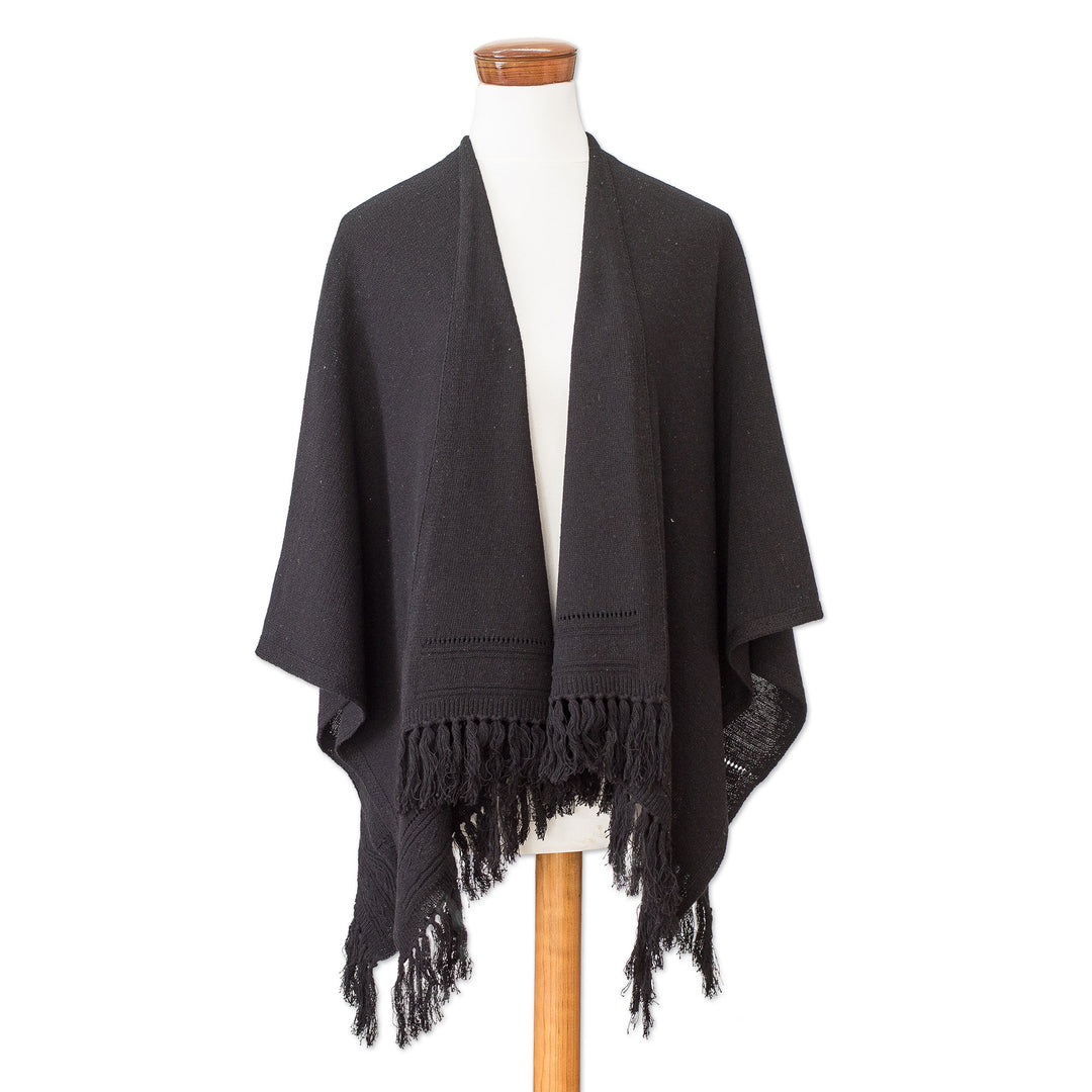Black Cotton Ruana with Fringe Handwoven in Guatemala - Ancestral Elegance