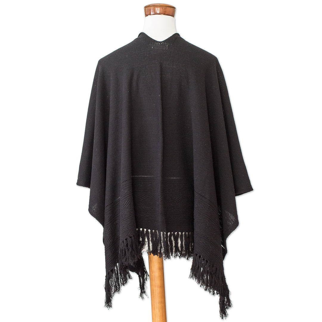 Black Cotton Ruana with Fringe Handwoven in Guatemala - Ancestral Elegance