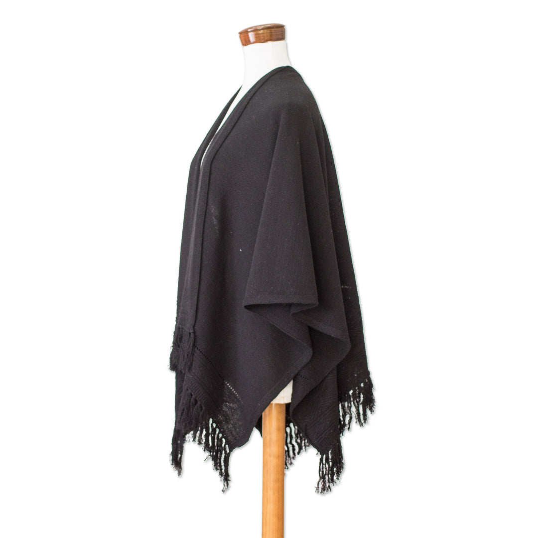 Black Cotton Ruana with Fringe Handwoven in Guatemala - Ancestral Elegance
