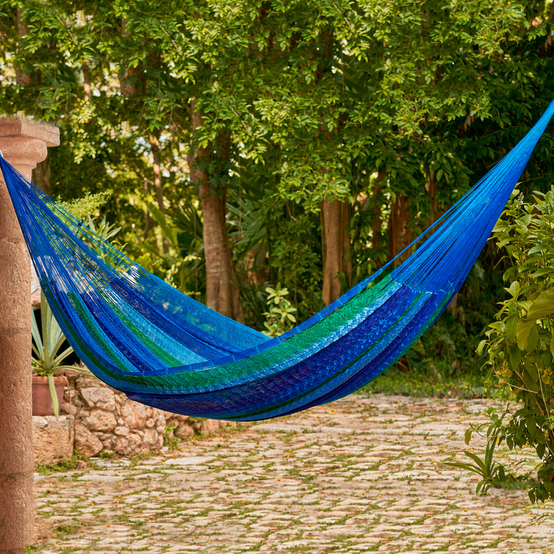 Double Mayan Rope Style Nylon Hammock Handmade in Mexico - Sea Breeze