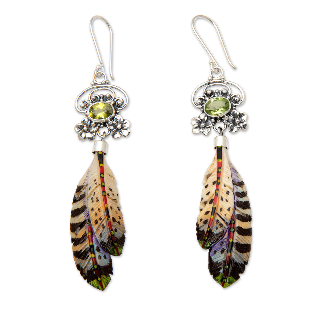 Painted Sterling Silver Dangle Earrings with Peridot Gems - Plumage of Fortune