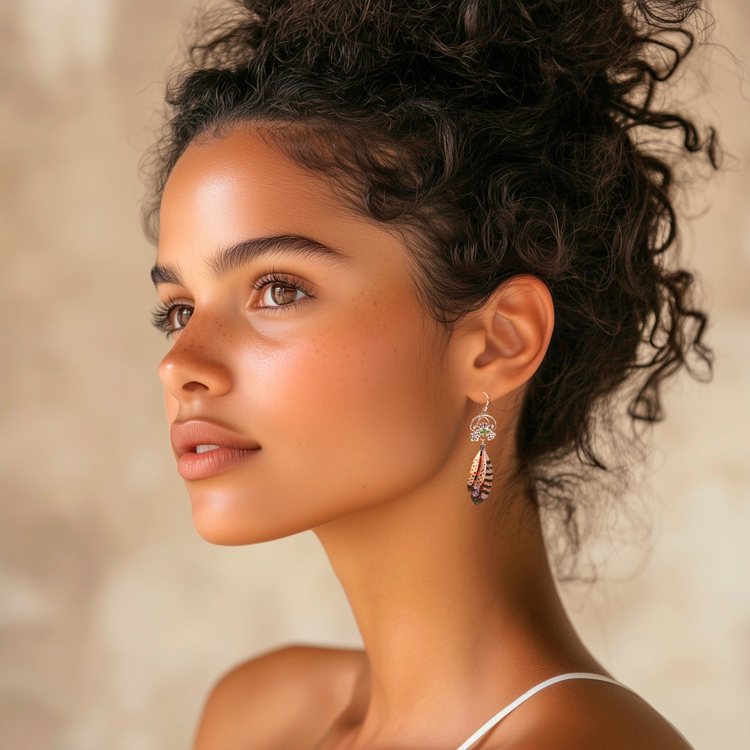 Painted Sterling Silver Dangle Earrings with Peridot Gems - Plumage of Fortune