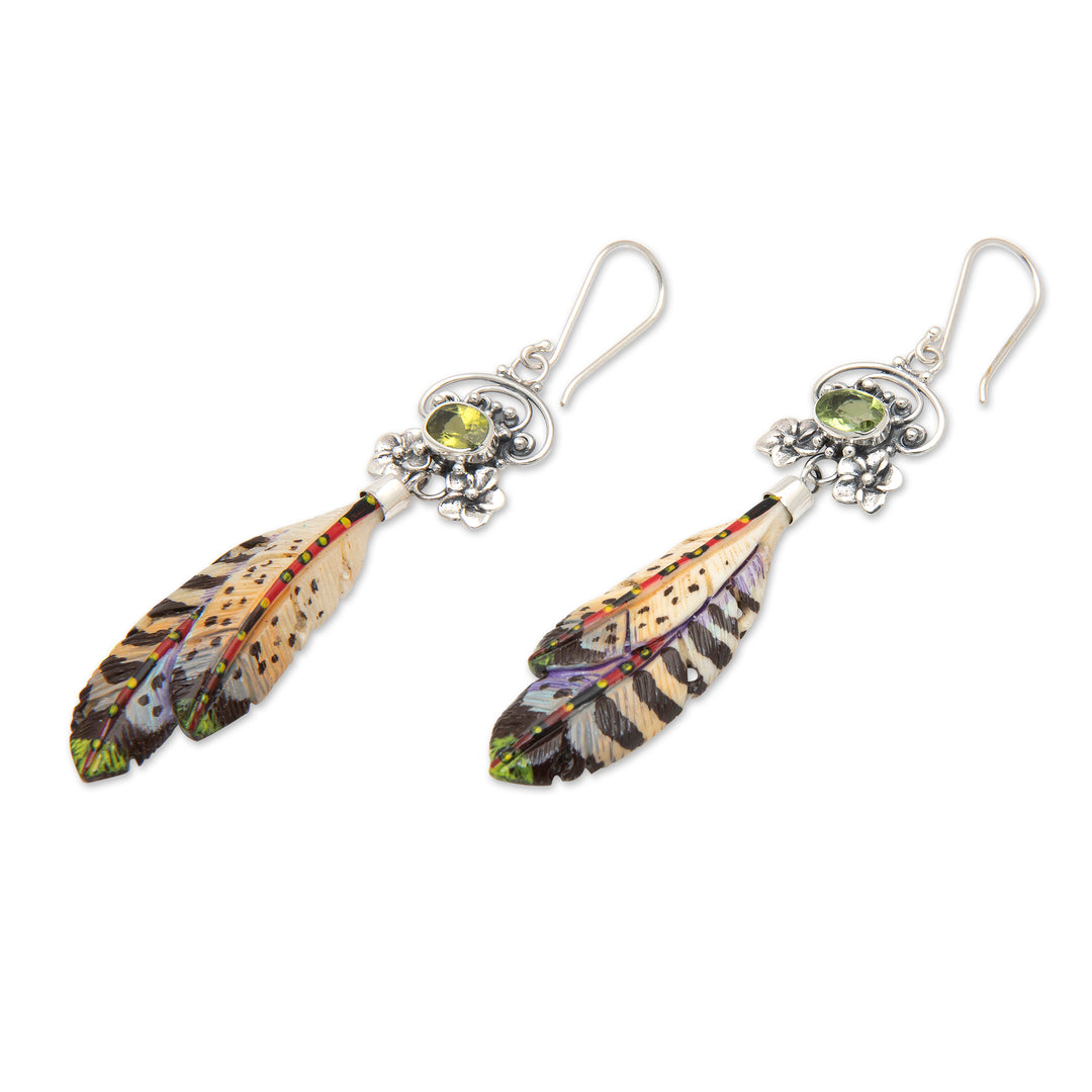 Painted Sterling Silver Dangle Earrings with Peridot Gems - Plumage of Fortune