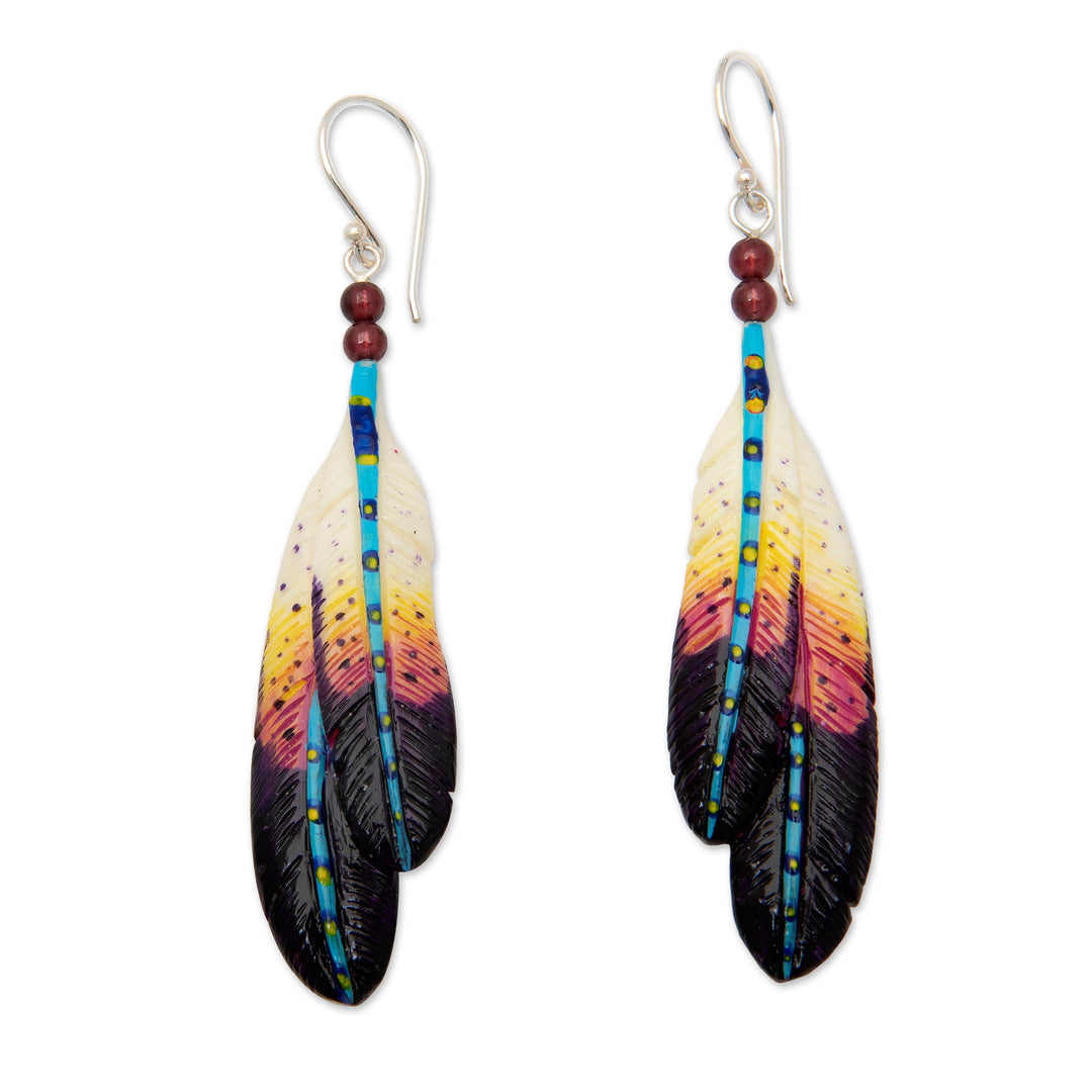 Handmade Vibrant Feather Dangle Earrings with Garnet Beads - Creativity Feathers