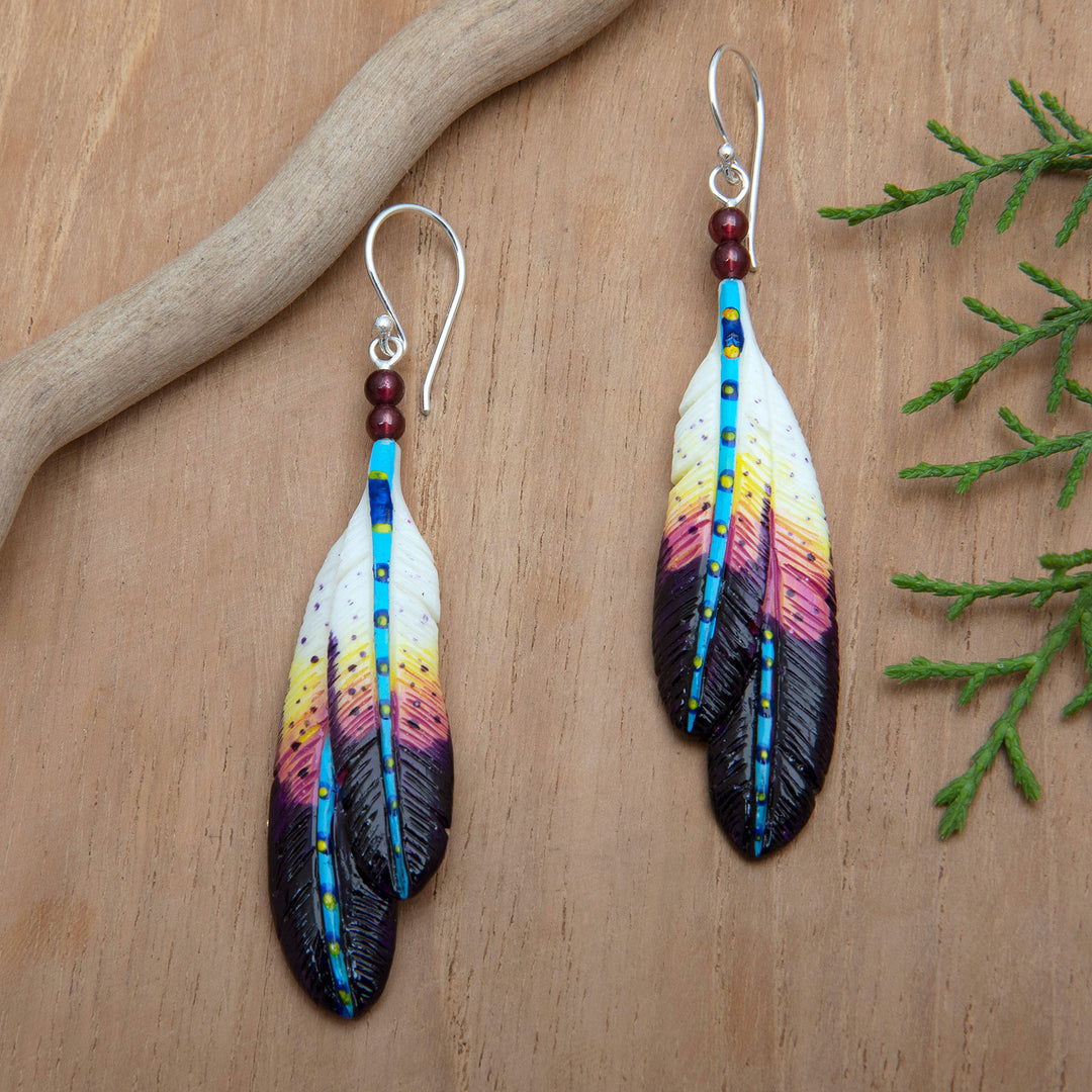 Handmade Vibrant Feather Dangle Earrings with Garnet Beads - Creativity Feathers