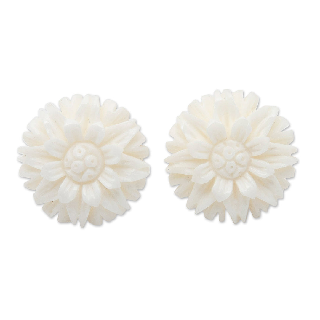 Hand-Carved Floral Button Earrings with Sterling Silver Post - Pure Spring