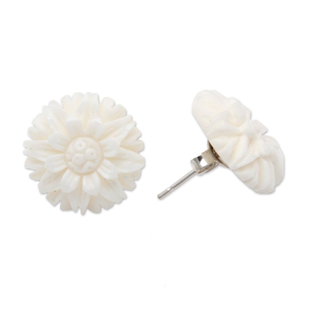 Hand-Carved Floral Button Earrings with Sterling Silver Post - Pure Spring