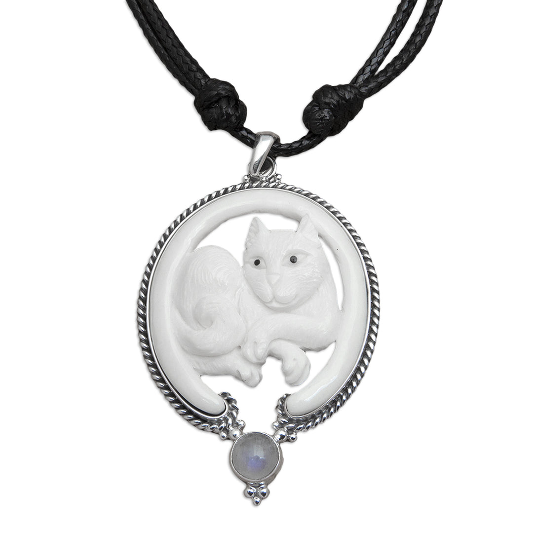 Cat-Themed Pendant Necklace with Rainbow Moonstone - Harmony Kitten