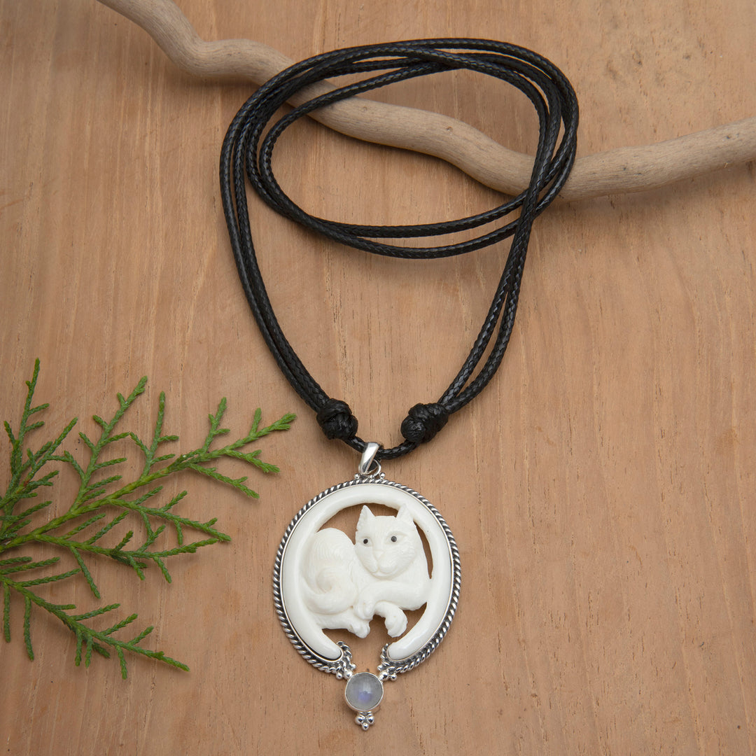 Cat-Themed Pendant Necklace with Rainbow Moonstone - Harmony Kitten