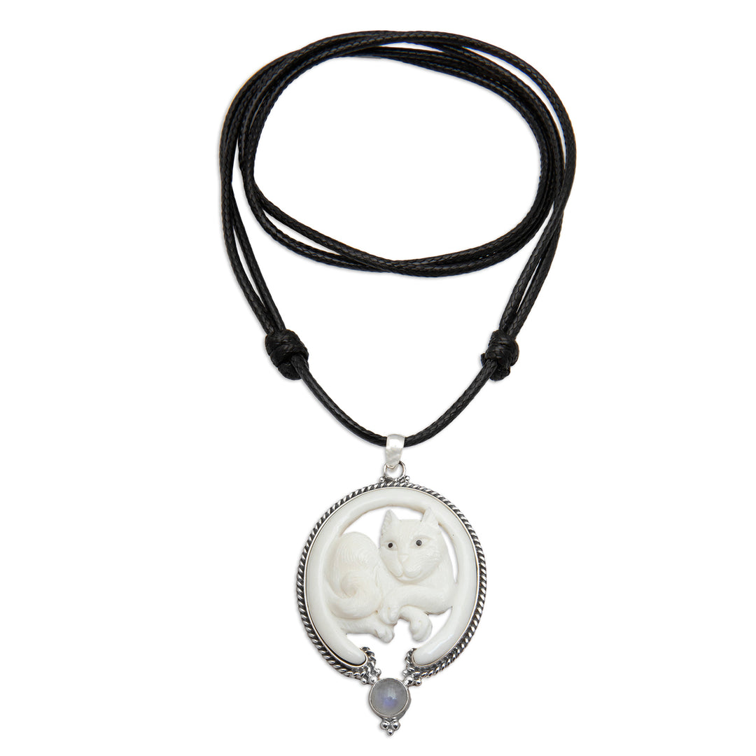 Cat-Themed Pendant Necklace with Rainbow Moonstone - Harmony Kitten