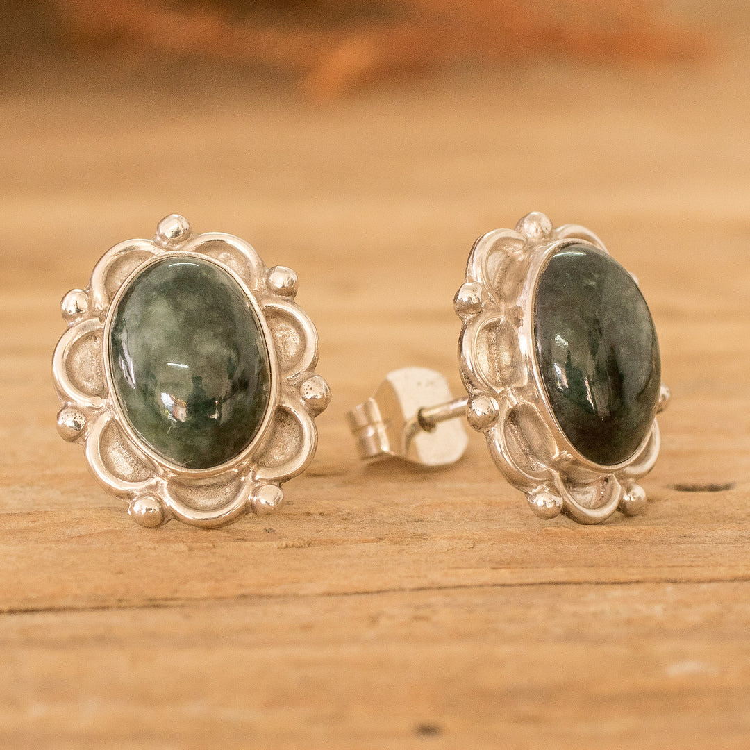 Sterling Silver Button Earrings with Dark Green Jade Stones - Maya Queen