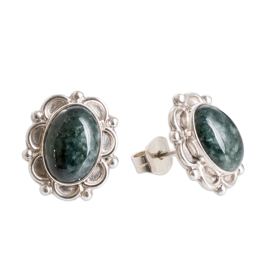 Sterling Silver Button Earrings with Dark Green Jade Stones - Maya Queen
