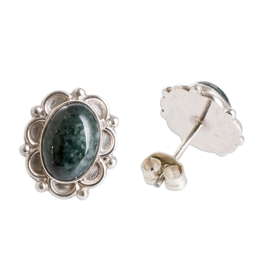 Sterling Silver Button Earrings with Dark Green Jade Stones - Maya Queen