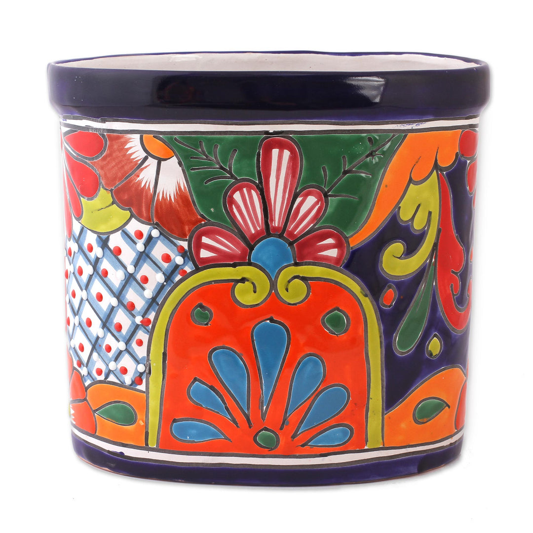 Floral Talavera-Style Ceramic Waste Bin from Mexico - Talavera Collector