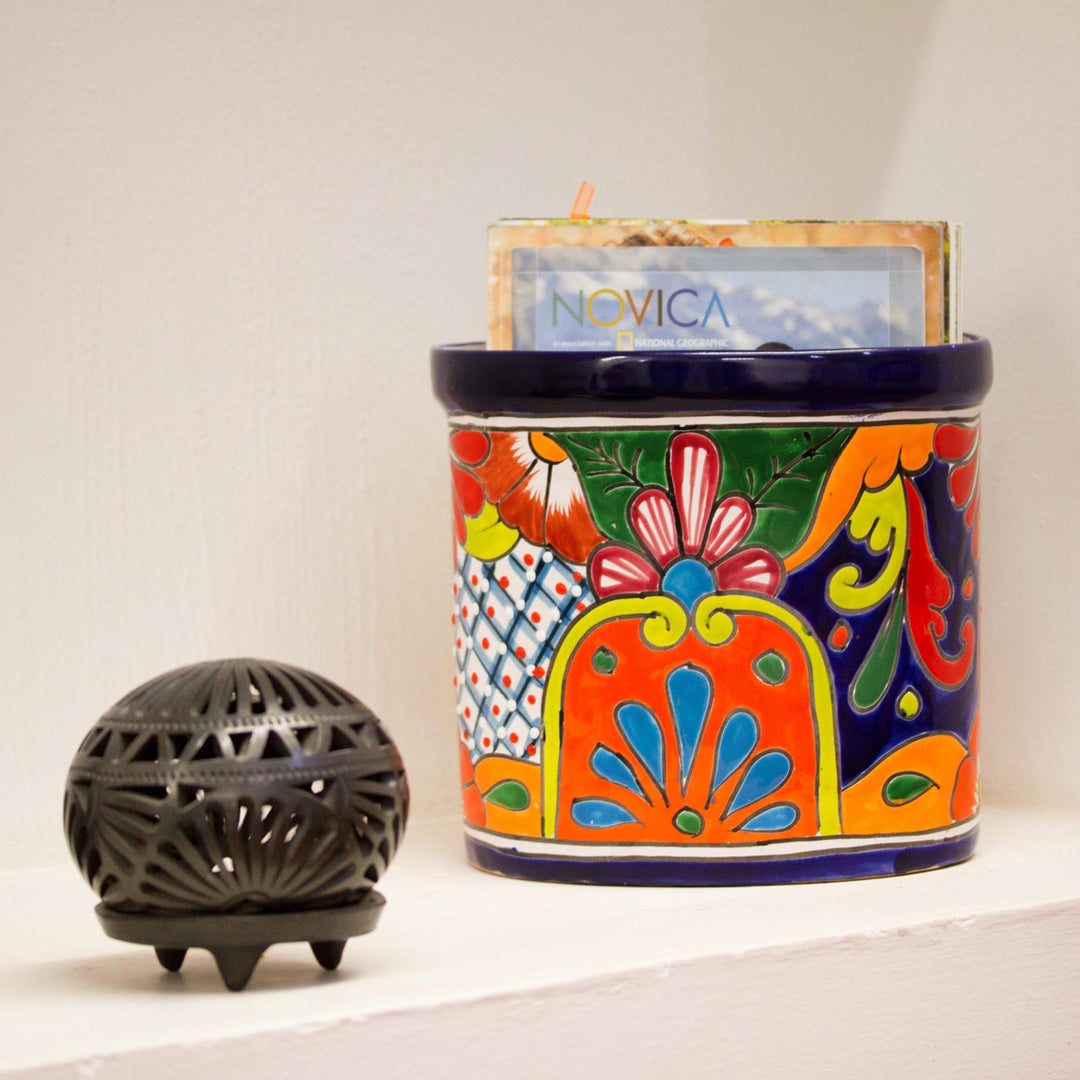 Floral Talavera-Style Ceramic Waste Bin from Mexico - Talavera Collector