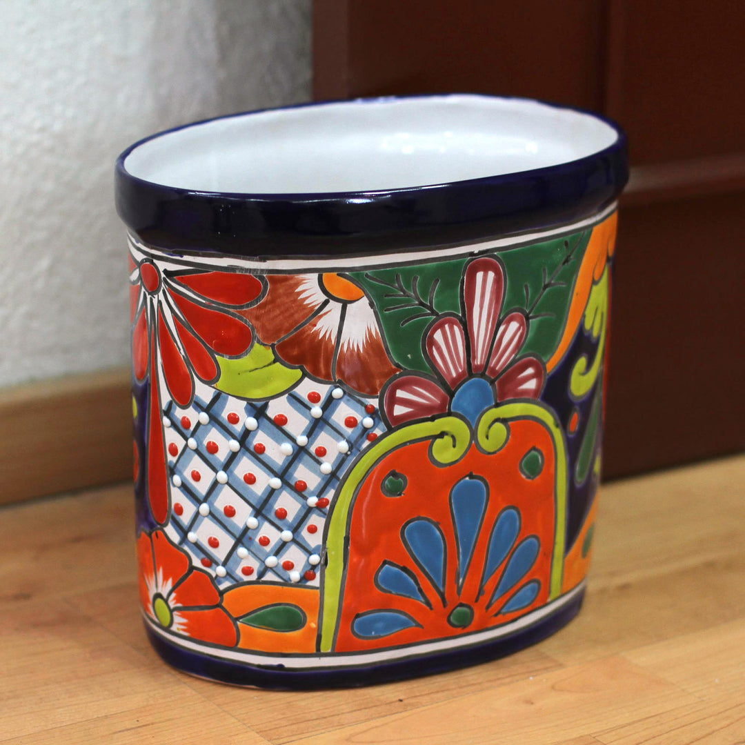 Floral Talavera-Style Ceramic Waste Bin from Mexico - Talavera Collector