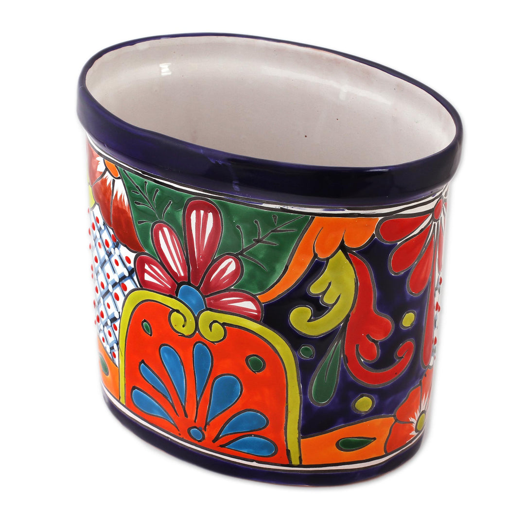 Floral Talavera-Style Ceramic Waste Bin from Mexico - Talavera Collector