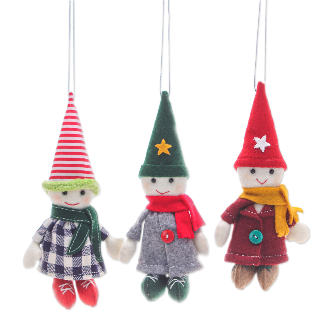 Set of Three Handmade Young Gnome Felt Ornaments - Festive Gnomes